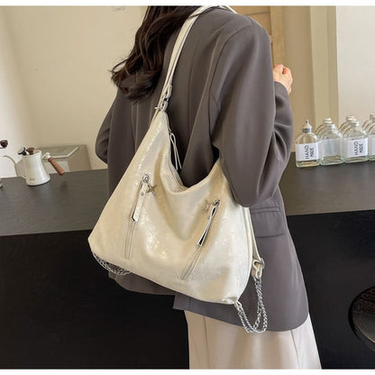 Leather Strap Plain Chain Backpack Zipped Faux