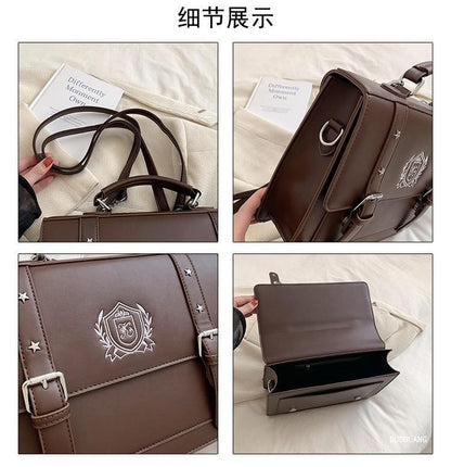 Embroidered Studded Faux Leather Satchel Backpack