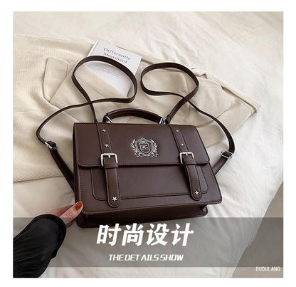 Embroidered Studded Faux Leather Satchel Backpack