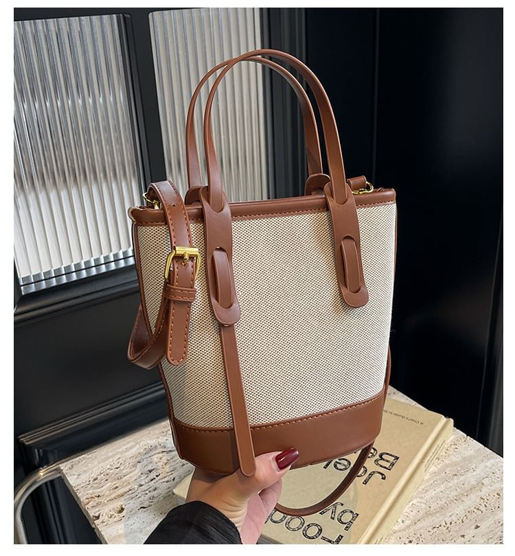 Bucket Leather Faux Tone Canvas Bag Two Panel