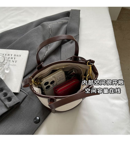 Bucket Leather Faux Tone Canvas Bag Two Panel