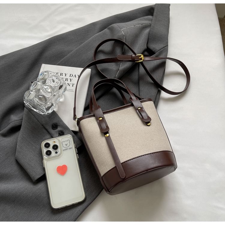 Bucket Leather Faux Tone Canvas Bag Two Panel