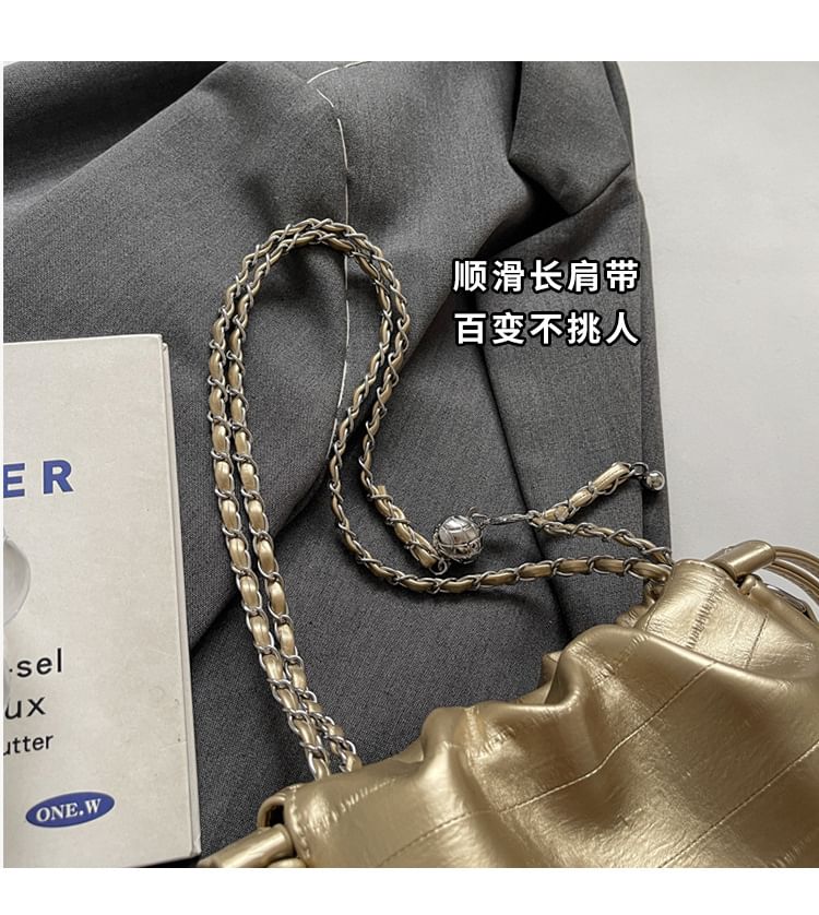 Drawstring Faux Strap Bag Chain Crossbody Leather