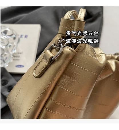 Drawstring Faux Strap Bag Chain Crossbody Leather