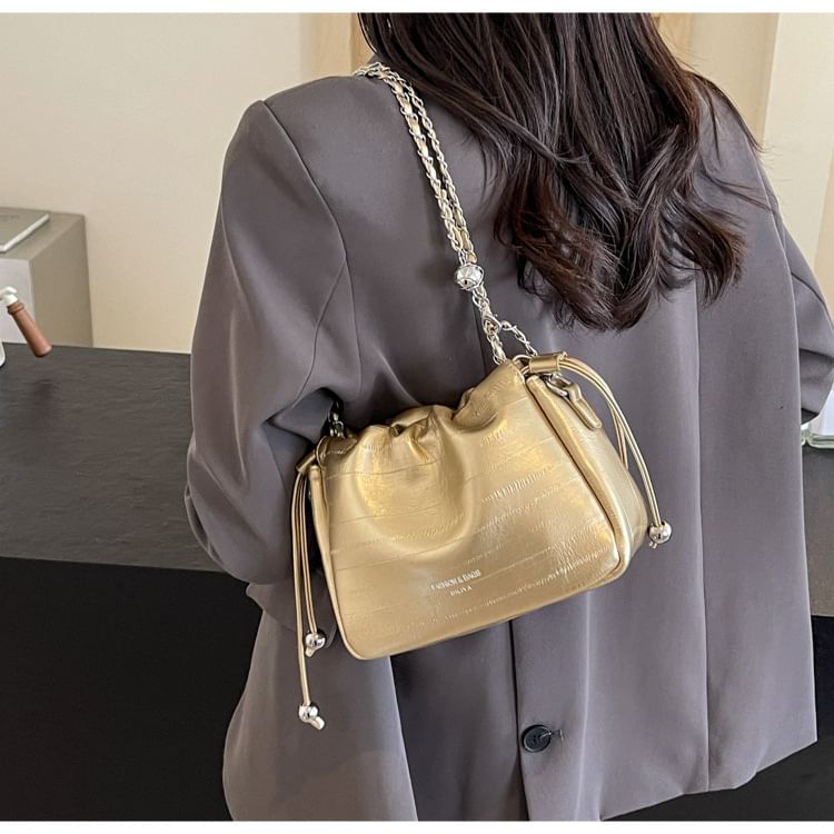 Drawstring Faux Strap Bag Chain Crossbody Leather