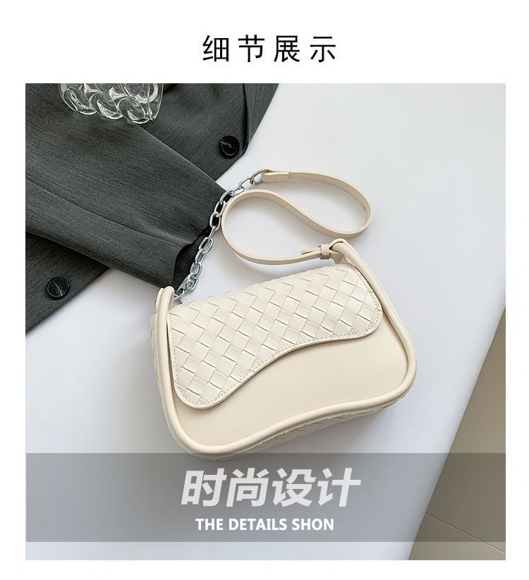 Woven Crossbody Faux Flap Bag Plain Leather