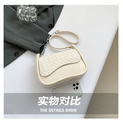 Woven Crossbody Faux Flap Bag Plain Leather