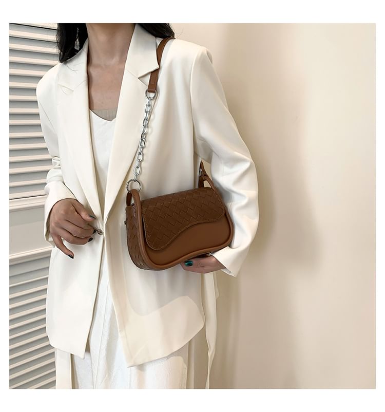 Woven Crossbody Faux Flap Bag Plain Leather