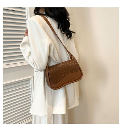 Woven Crossbody Faux Flap Bag Plain Leather