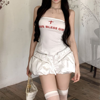 Strapless Lettering Top / Mid Rise Plain Skort