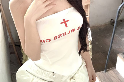 Strapless Lettering Top / Mid Rise Plain Skort