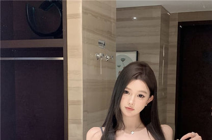 Plain Lace Panel Bow Camisole Top / High Waist Mini Pencil Skirt