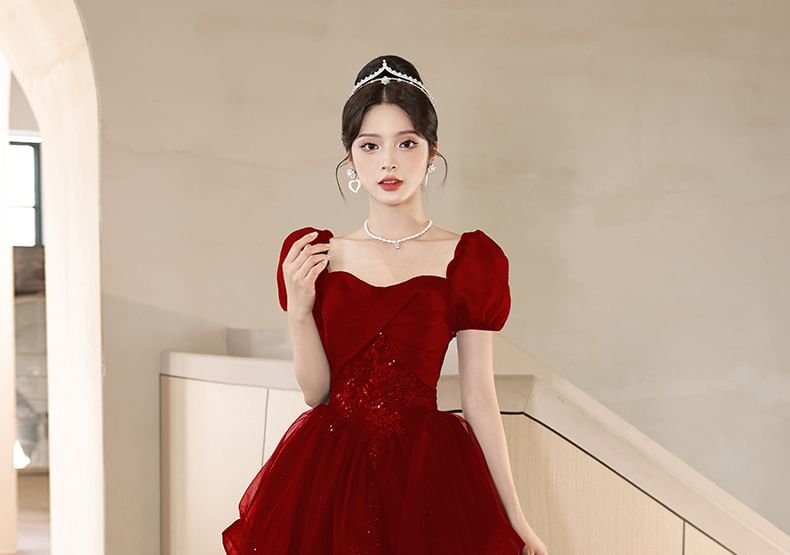 Puff Sleeve Square Neck Plain Sequin Ruffle Mesh A-Line Evening Gown