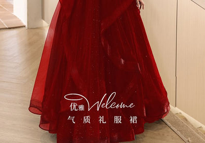 Puff Sleeve Square Neck Plain Sequin Ruffle Mesh A-Line Evening Gown