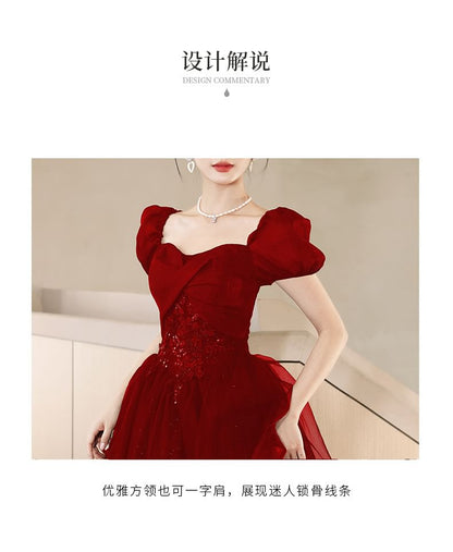 Puff Sleeve Square Neck Plain Sequin Ruffle Mesh A-Line Evening Gown