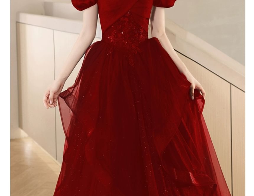 Puff Sleeve Square Neck Plain Sequin Ruffle Mesh A-Line Evening Gown