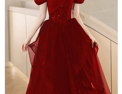 Puff Sleeve Square Neck Plain Sequin Ruffle Mesh A-Line Evening Gown