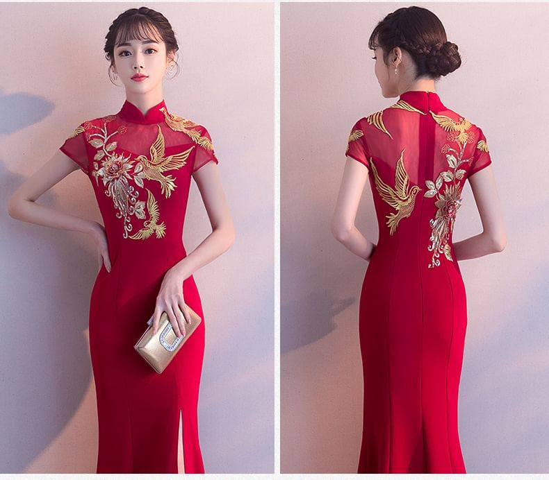 Evening Chinese Cap-Sleeve Traditional Gown Embroidered Mermaid