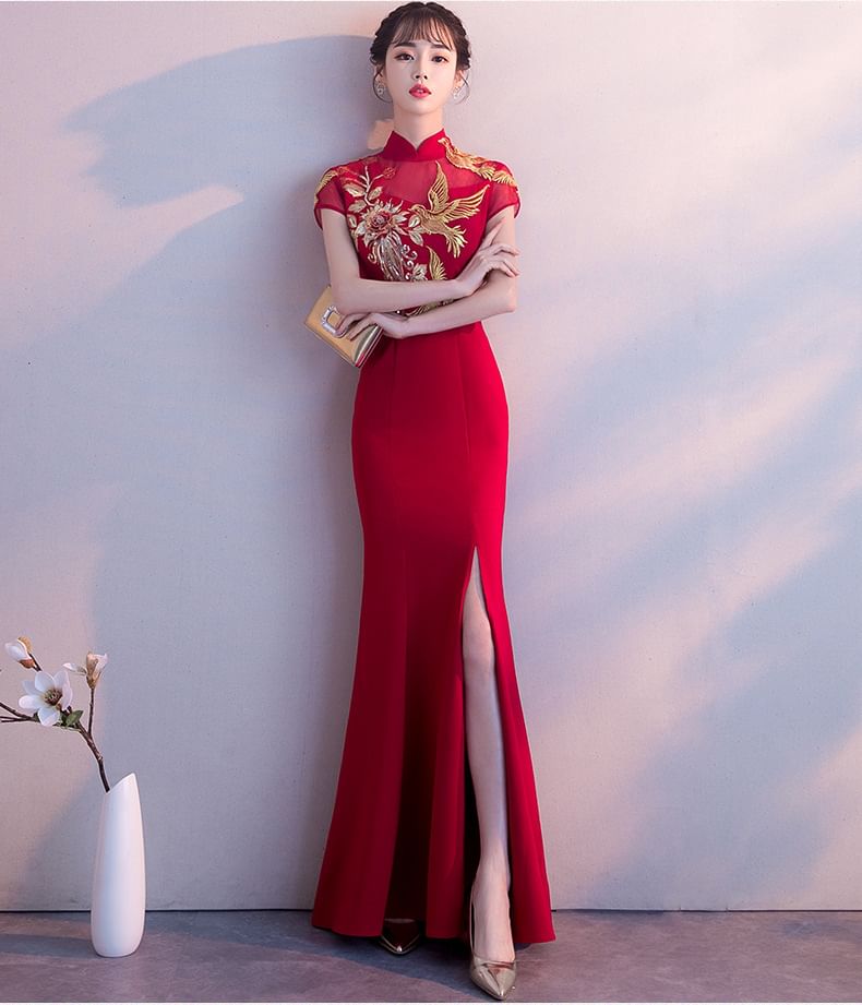 Evening Chinese Cap-Sleeve Traditional Gown Embroidered Mermaid