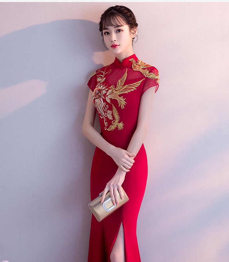 Traditional Chinese Cap-Sleeve Embroidered Mermaid Evening Gown