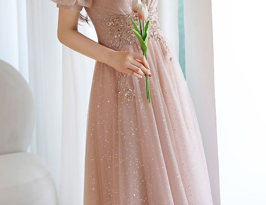 Evening Rhinestone Mesh Gown Designs) (Various Short-Sleeve A-Line