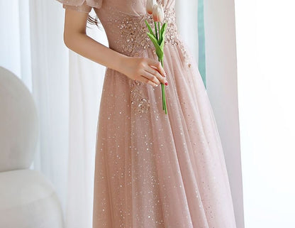 Evening Rhinestone Mesh Gown Designs) (Various Short-Sleeve A-Line