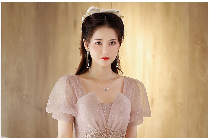 Short-Sleeve Rhinestone Mesh A-Line Evening Gown (Various Designs)