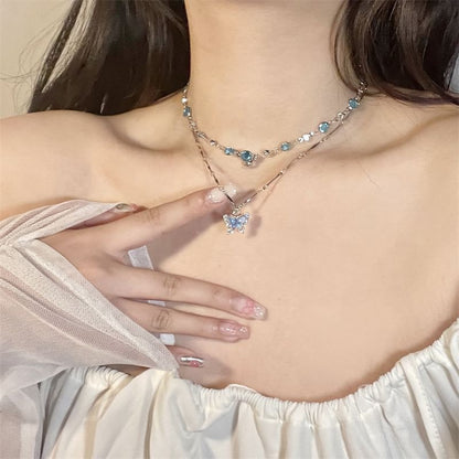 Set:  Butterfly Pendant Alloy Necklace + Faux Crystal Alloy Choker