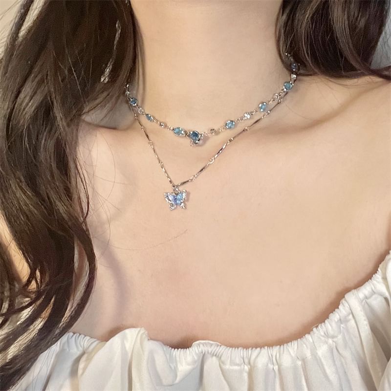 Set:  Butterfly Pendant Alloy Necklace + Faux Crystal Alloy Choker