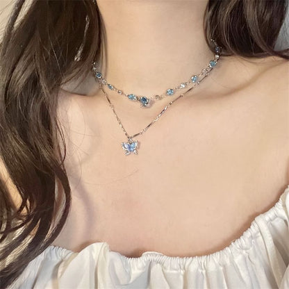 Set:  Butterfly Pendant Alloy Necklace + Faux Crystal Alloy Choker