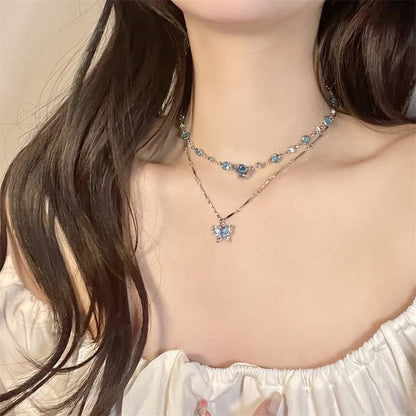 Set:  Butterfly Pendant Alloy Necklace + Faux Crystal Alloy Choker
