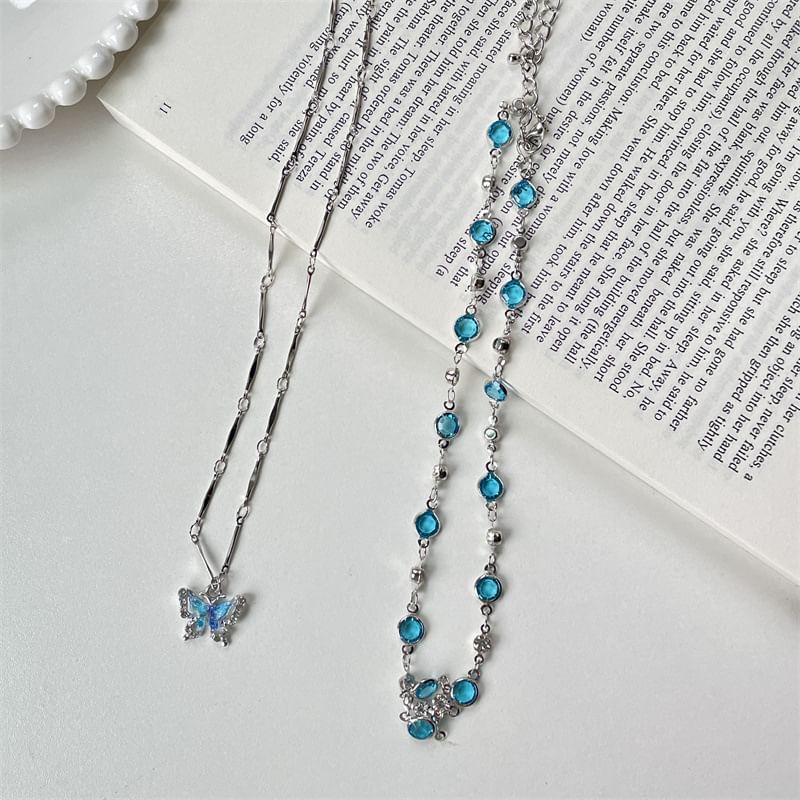 Set:  Butterfly Pendant Alloy Necklace + Faux Crystal Alloy Choker
