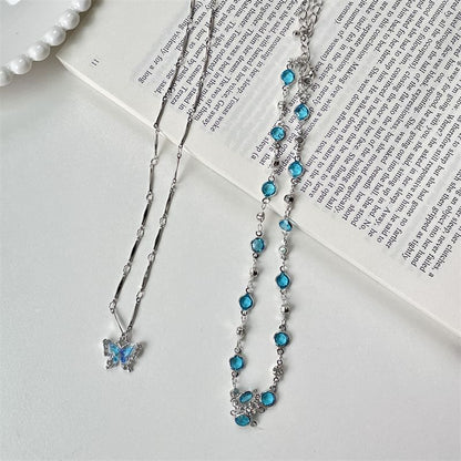 Set:  Butterfly Pendant Alloy Necklace + Faux Crystal Alloy Choker