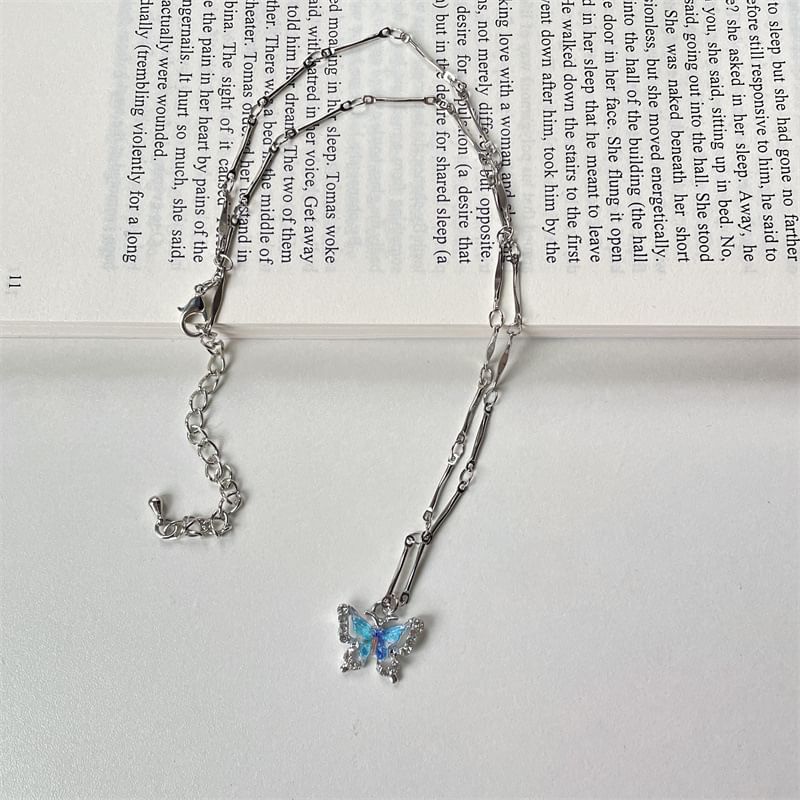 Set:  Butterfly Pendant Alloy Necklace + Faux Crystal Alloy Choker