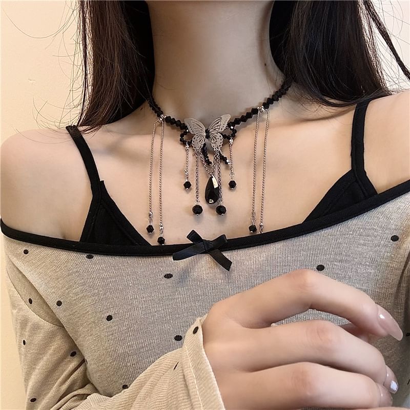 Butterfly Studded Alloy Choker / Studded Faux Leather Choker
