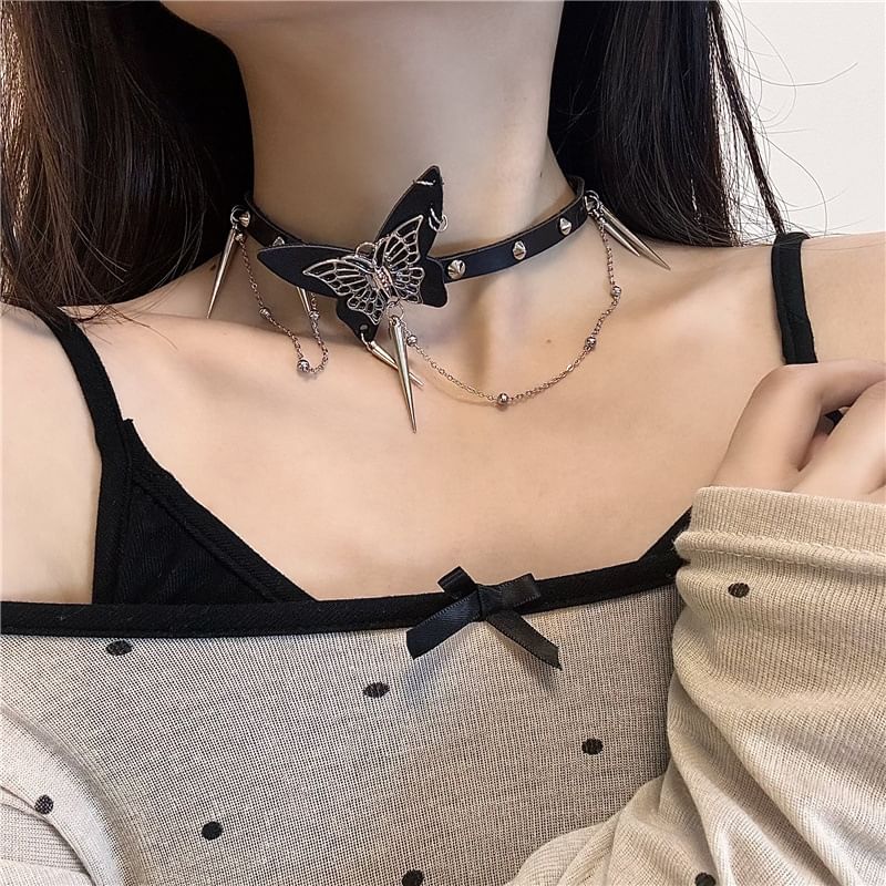 Butterfly Studded Alloy Choker / Studded Faux Leather Choker