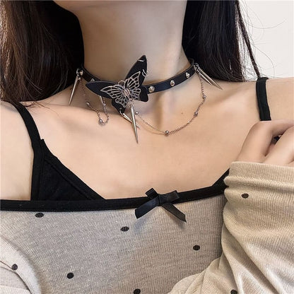 Butterfly Studded Alloy Choker / Studded Faux Leather Choker