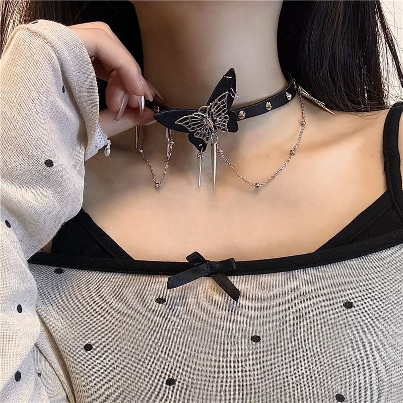 Butterfly Studded Alloy Choker / Studded Faux Leather Choker