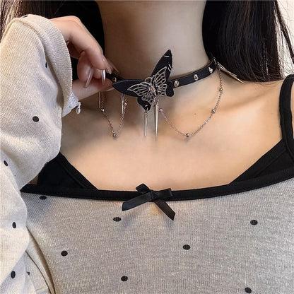 Butterfly Studded Alloy Choker / Studded Faux Leather Choker