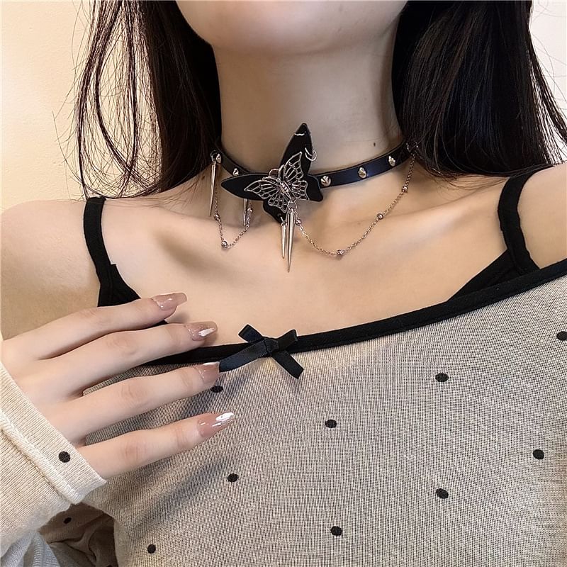 Butterfly Studded Alloy Choker / Studded Faux Leather Choker