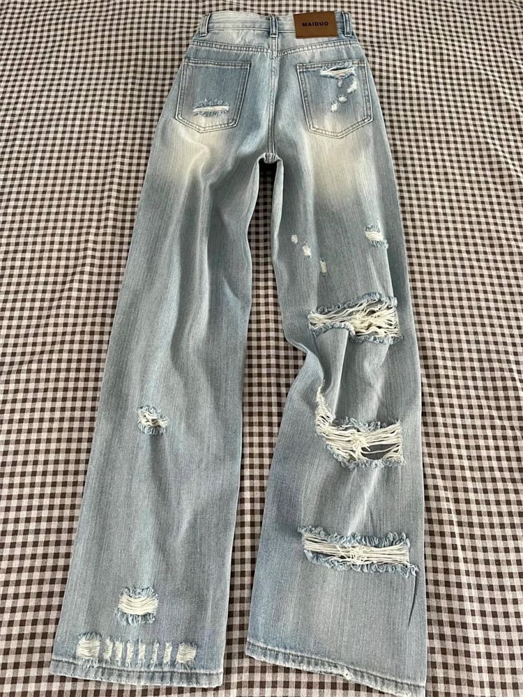 High Rise Washed Distressed Wide Leg Jeans (Various Designs)