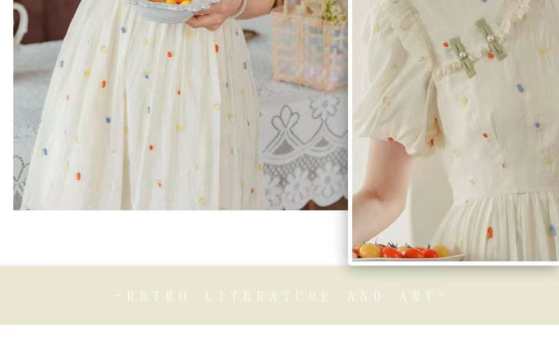 Puff-Sleeve Mock Neck Flower Embroidered Ruffle Midi A-Line Dress