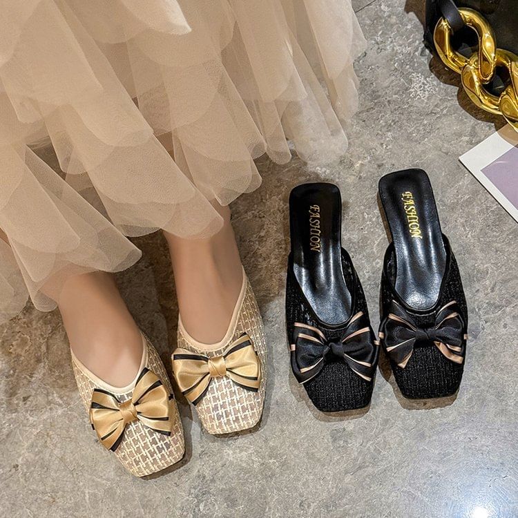 Square Toe Bow Accent Mules