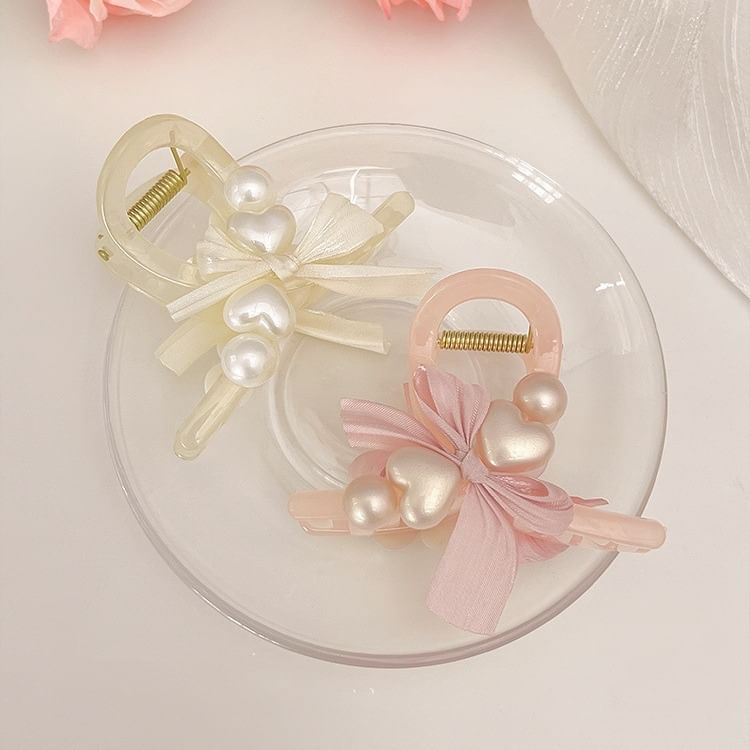 Heart Bow Faux Pearl Hair Claw