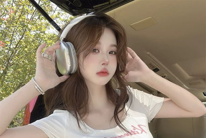 Short-Sleeve Square Neck Cartoon Lettering Print Tee