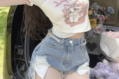 Short-Sleeve Square Neck Cartoon Lettering Print Tee