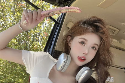 Short-Sleeve Square Neck Cartoon Lettering Print Tee