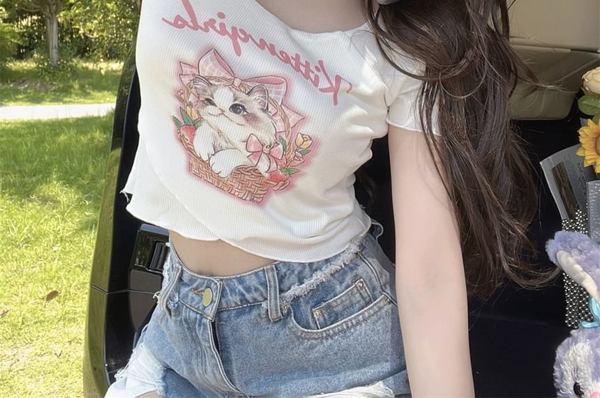 Short-Sleeve Square Neck Cartoon Lettering Print Tee