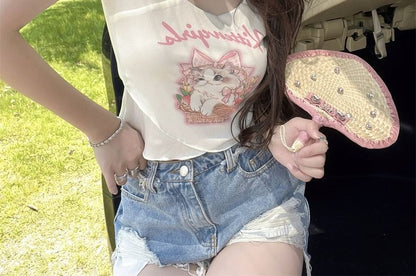 Short-Sleeve Square Neck Cartoon Lettering Print Tee