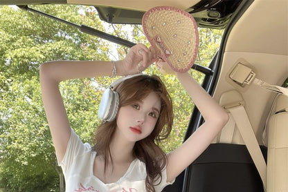 Short-Sleeve Square Neck Cartoon Lettering Print Tee